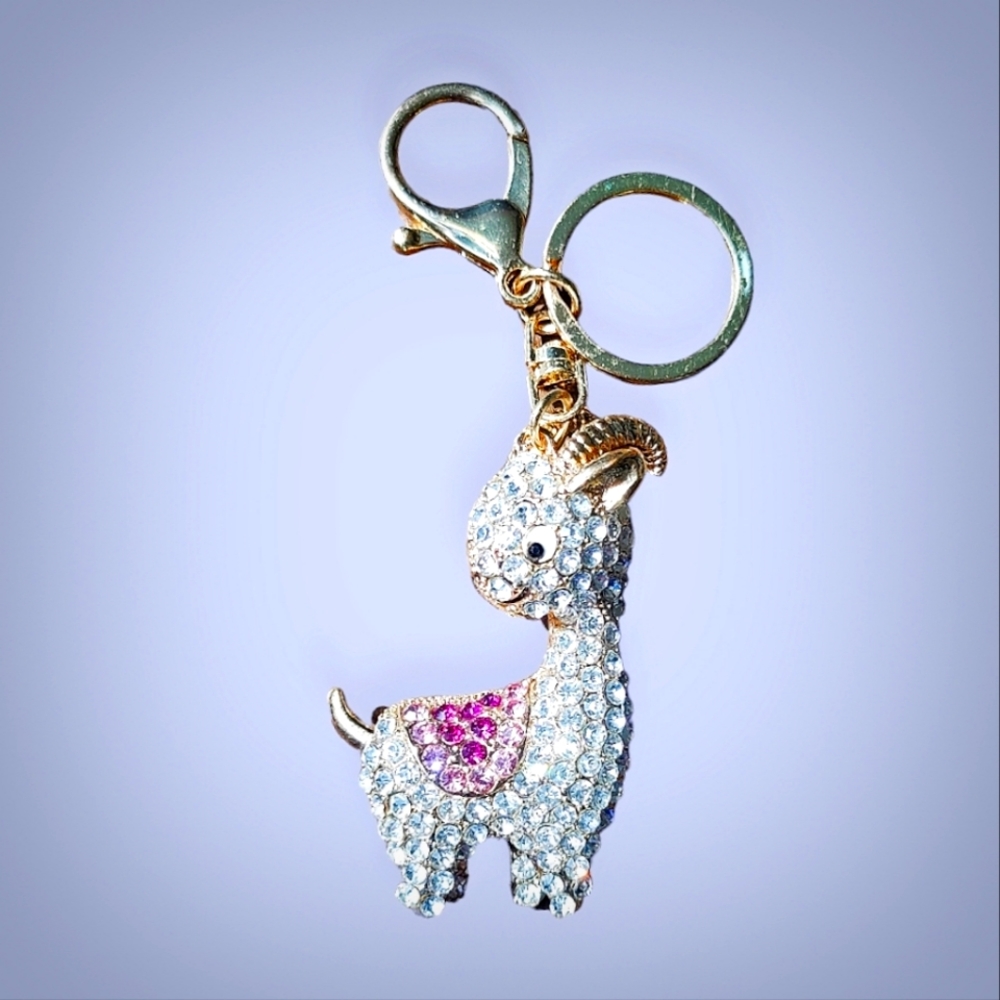 Gold tone and pink rhinestones goat key ring/ charm